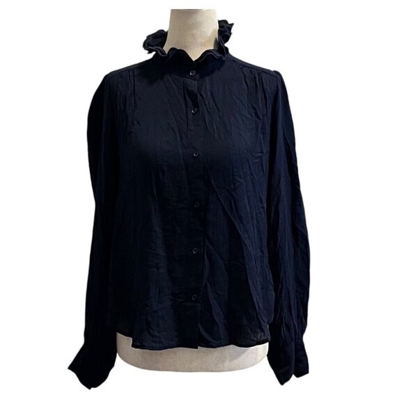 BANANA REPUBLIC WOMENS BUTTON DOWN RUFFLED BLOUSE NAVY BLUE SIZE XSMALL - Picture 1 of 9